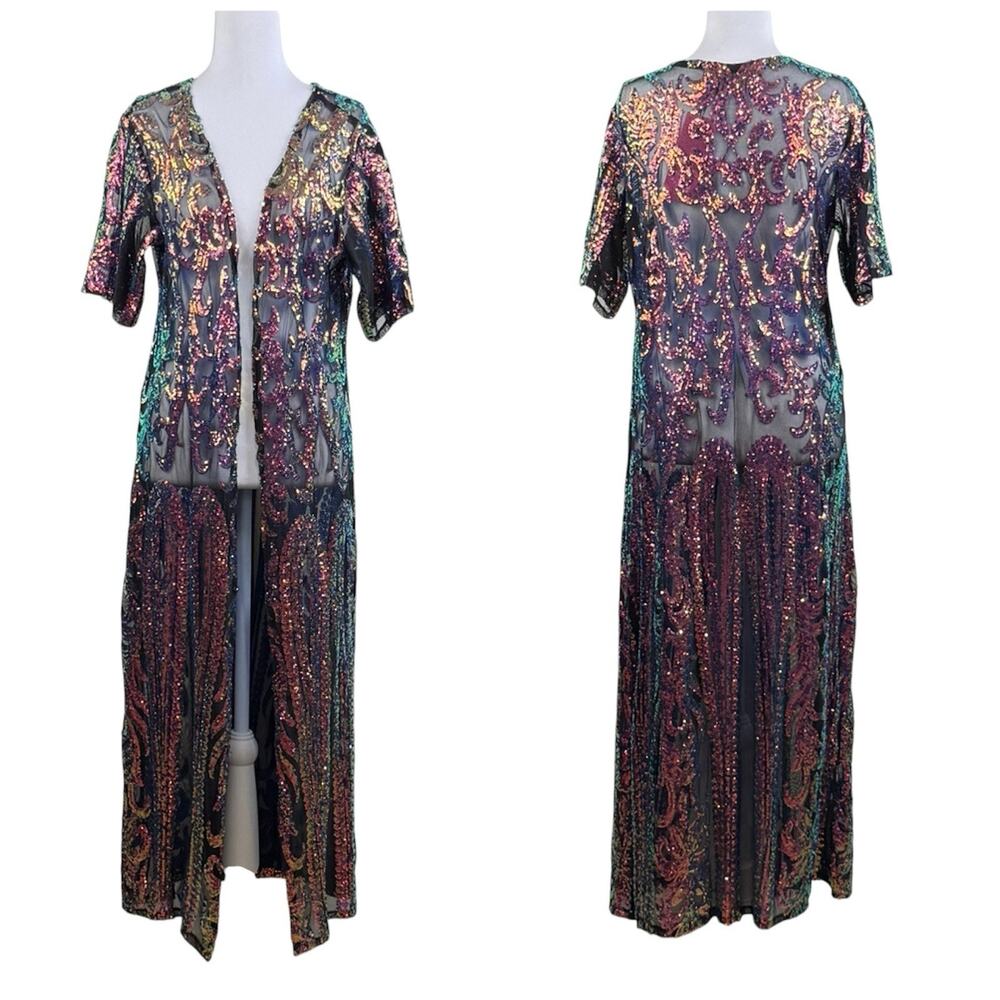 Southern Fried Chic NWT Rainbow Sequin Mesh Duster Small Open Front Long Line